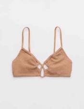 Aerie American Eagle Swim Crinkle Lace Up Scoop Bikini Top X-SMALL Shimmer Beige