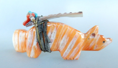 Carved Spiny Oyster Shell Fetish with Bundle  3''  long Fox, Turquoise, Coral
