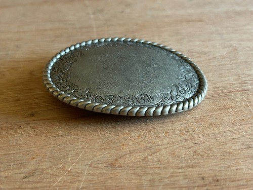 Belt Buckle Fancy Etching Rope Border NOT Engraved Silver Tone Metal 3x3.75 Vtg - Picture 5 of 24