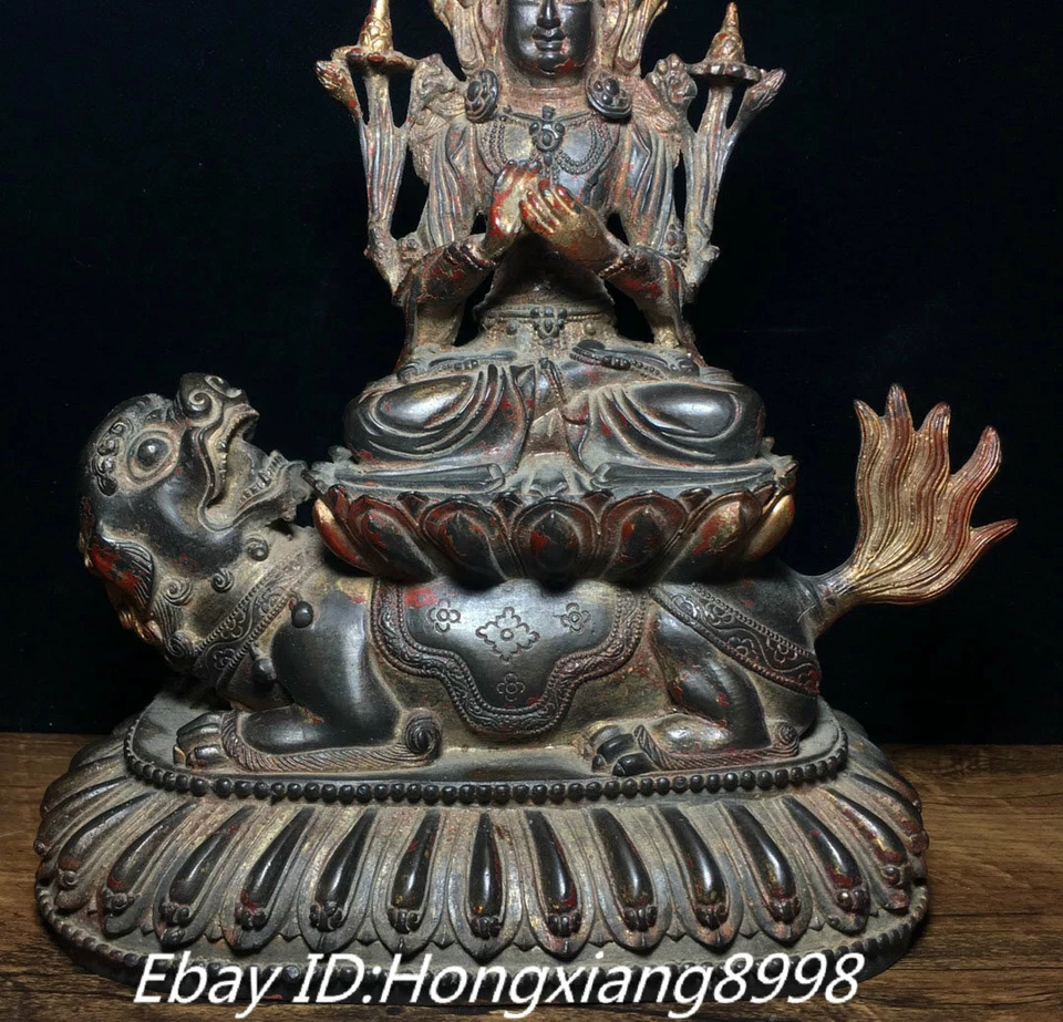 Estatua de Buda Diosa Tara Blanca Paseo León Bronce Puro Budismo Tibetano Antiguo 9"" Foto 3 de 4