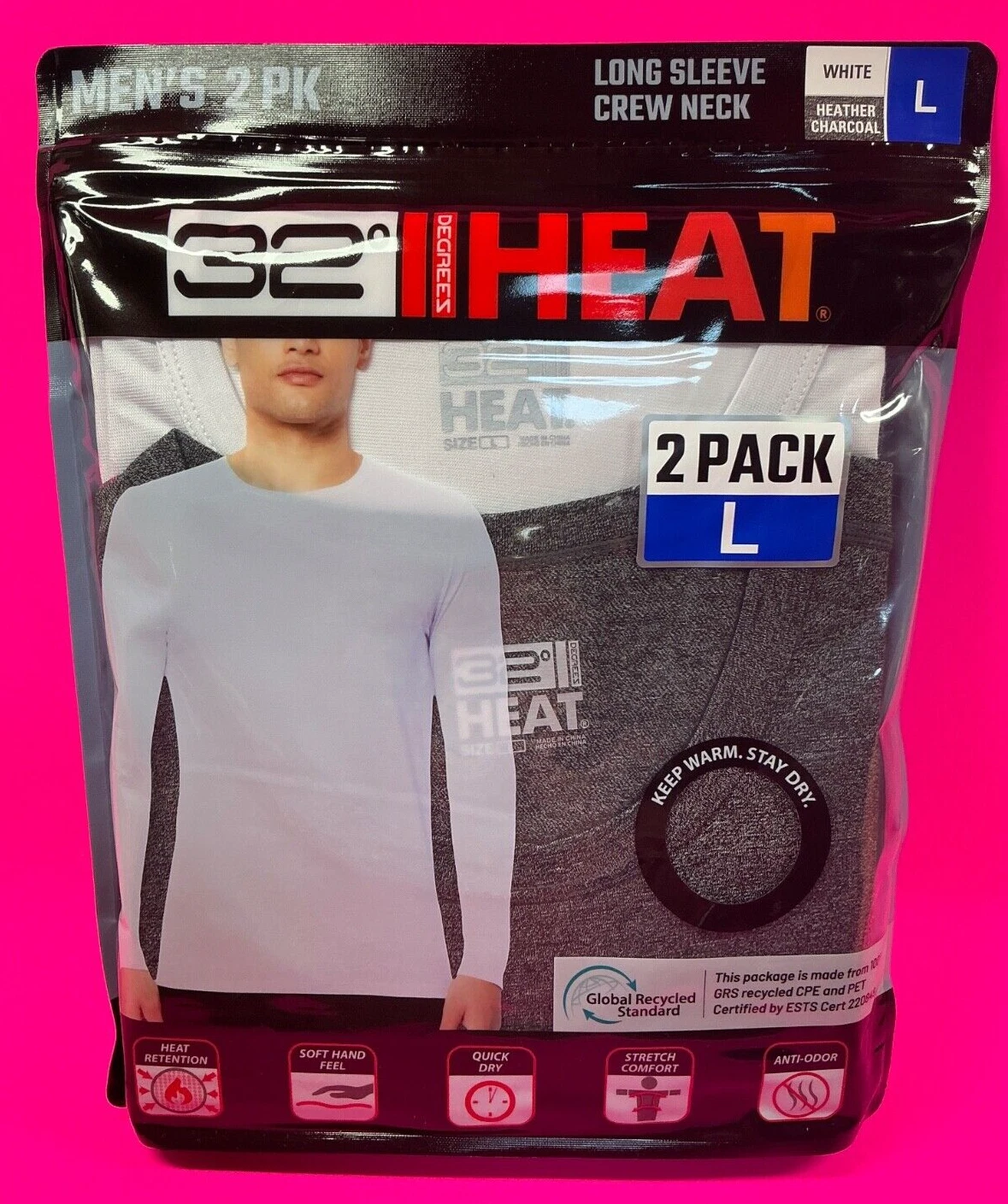 32 Degrees Men's Long Sleeve Heat Tee 2-pack White Gray Quick Dry Odor Control L