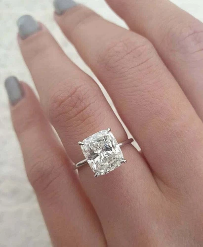 3CT Cushion Cut Engagement Solitaire Hidden Halo Wedding Ring In 14K Yellow Gold - Picture 5 of 8