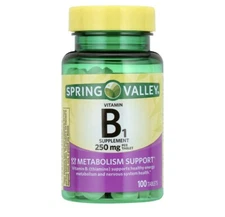 Spring Valley Vitamin B1 Tablets Dietary Supplement, 250 Mg, 100 Count