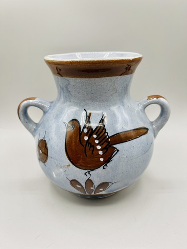 VTG Mexican Folk Art Pottery Vase Double Handled Blue Brown Birds Flowers 5.75” - Picture 3 of 11