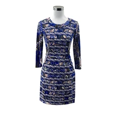BCBGMAXAZRIA Bodycon Sheath Dress Womens XS Blue Geo Print Stretch Round Neck