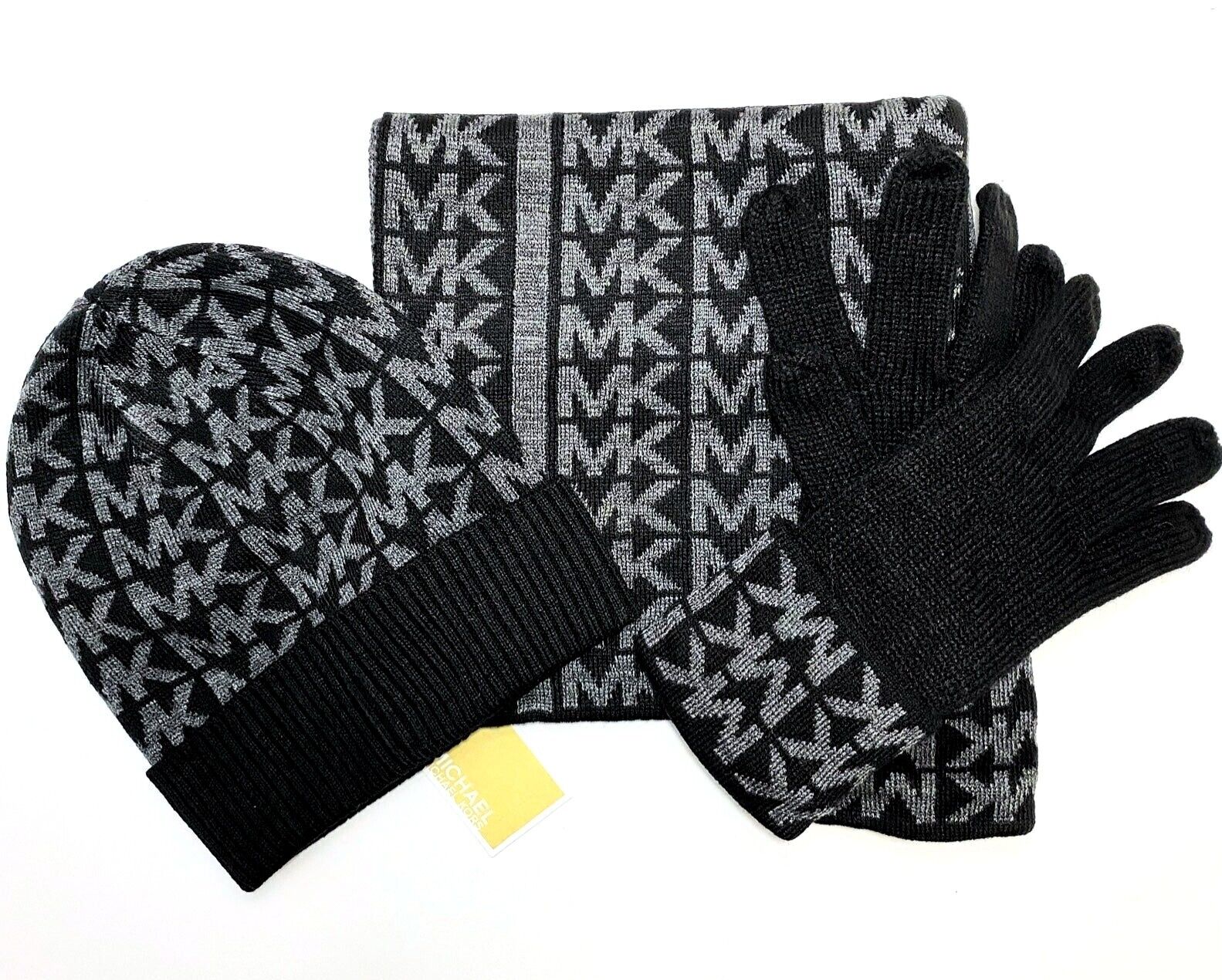 Michael Kors Black & Gray MK Logo Scarf, Hat, Gloves Boxed Gift Set | eBay