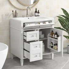 30" Bathroom Vanity w/Ceramic Sink, 3 Drawers, Freestanding Vanity Cabinet,Shelf