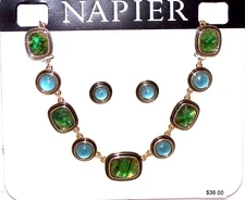 New NAPIER Gold Tone NECKLACE & EARRINGS Blue Sets & Green Faceted Acrylic MOP