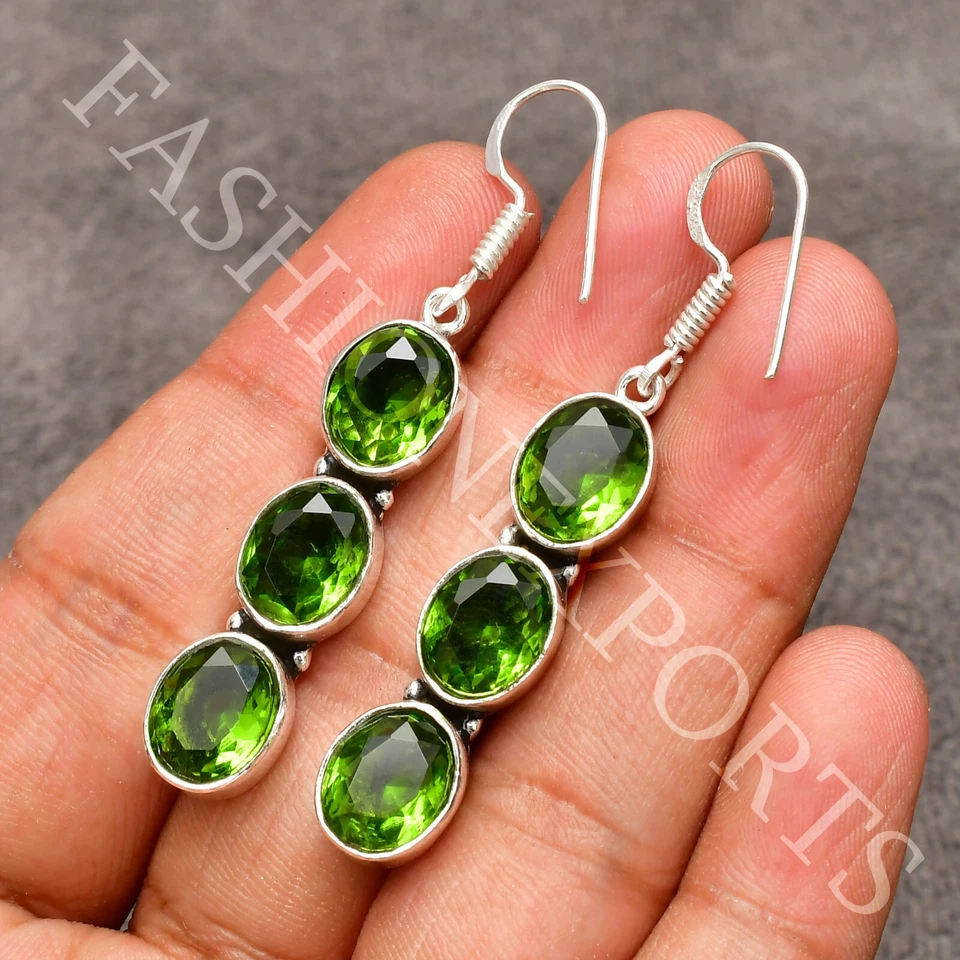 Peridot Earring Gemstone Handmade 925 Sterling Silver Jewelry Earring 2.10" - Image 2 of 4