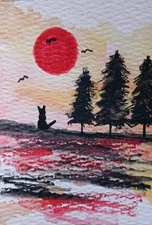 Aceo Original Mixed Media Landscape Cat Painting