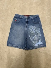 RARE JNCO Y2K Size 38 Baggy Dragon Embroidered Skater Grunge Jorts Jean Shorts