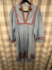 Figue Embroidered Midi Dress Blue Chevron Stripe Tassels XS
