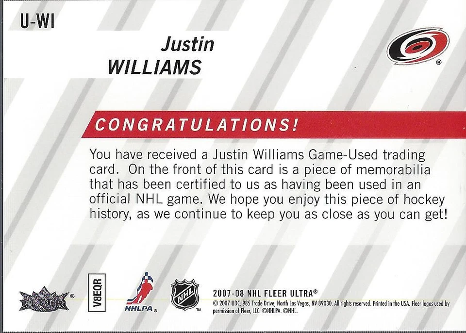 2007-08 Ultra Uniformity #UWI Justin Williams Jersey - HKY - Image 2 of 2