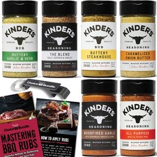 Kinder's Variety BBQ Seasoning Rub 6 Flavor Pack Garlic Steak Guide Opener