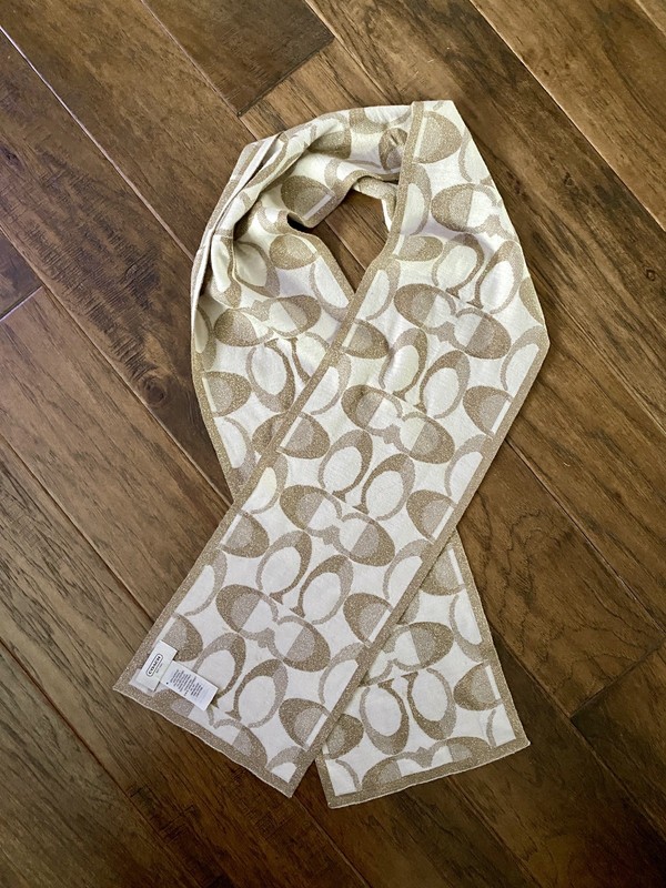 Coach Signature Cs Gold Cream Metallic Reversible Knit Winter Scarf 7.75”x62” 