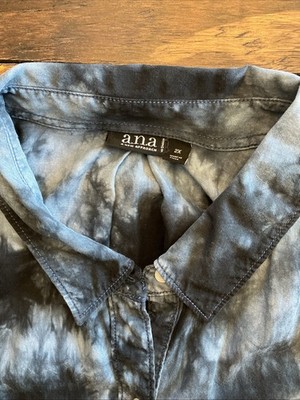 ANA A New Approach Long Sleeve Button Up Blouse Sz 2X Blue Tie Dye With Tails