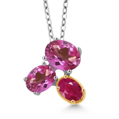 925 Silver and 10K Yellow Gold Pink Mystic Topaz and Ruby Pendant Necklace For