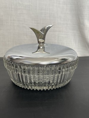 Vintage MCM Kromex Glass Dish With Chrome Lid Vanity Dish, Candy Or Trinkets