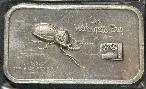 Rare Vintage 1973 1 Oz .999 Fine Silver The Watergate Bug TONED Silver Art Bar!