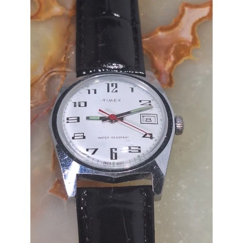 Timex Vintage Manual Wind Watch Date White Dial Genuine Leather Working