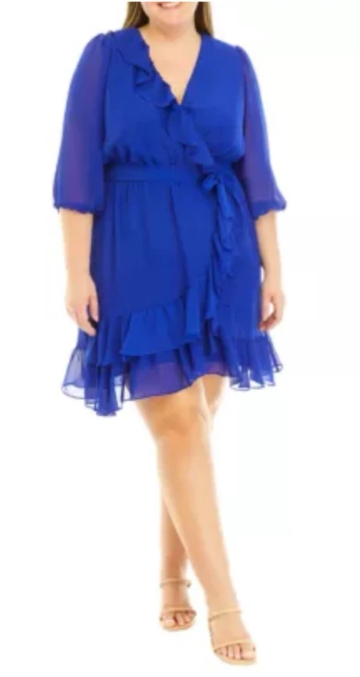 Julian Taylor Dress 18W Flowy Royal Blue 3/4 Long Sleeve Ruffle Washable NEW - Image 2 of 4