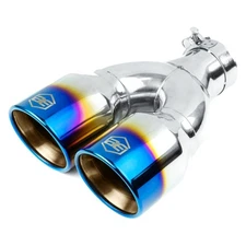 Exhaust Tip 304 SS Round Rolled Edge Angle Cut Clamp-On Dual Blue Flame Exhaust