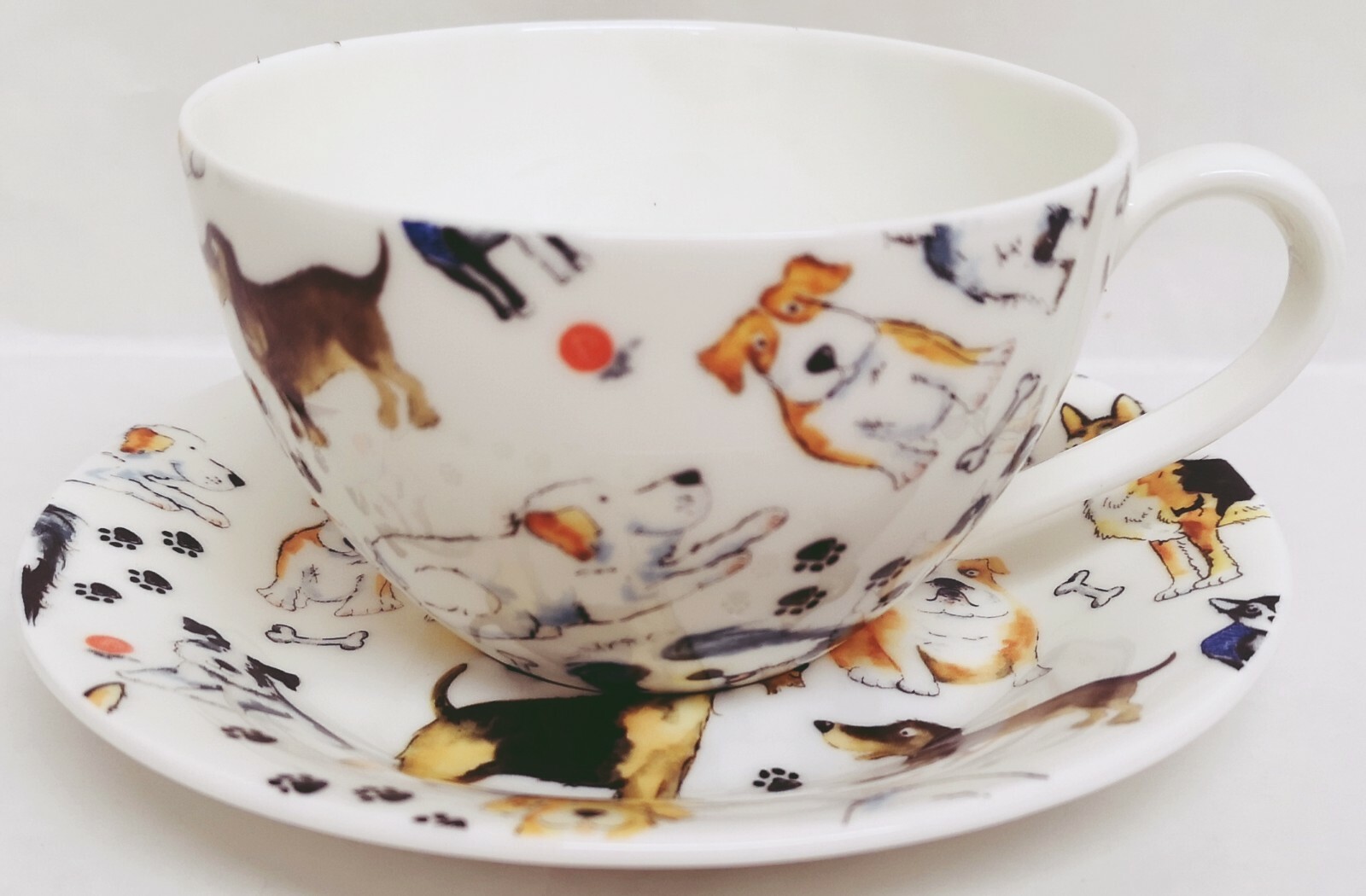 Dogs Breakfast Cup Saucer Set Fine Bone China Cappuccino Collage Dogs Decor UK