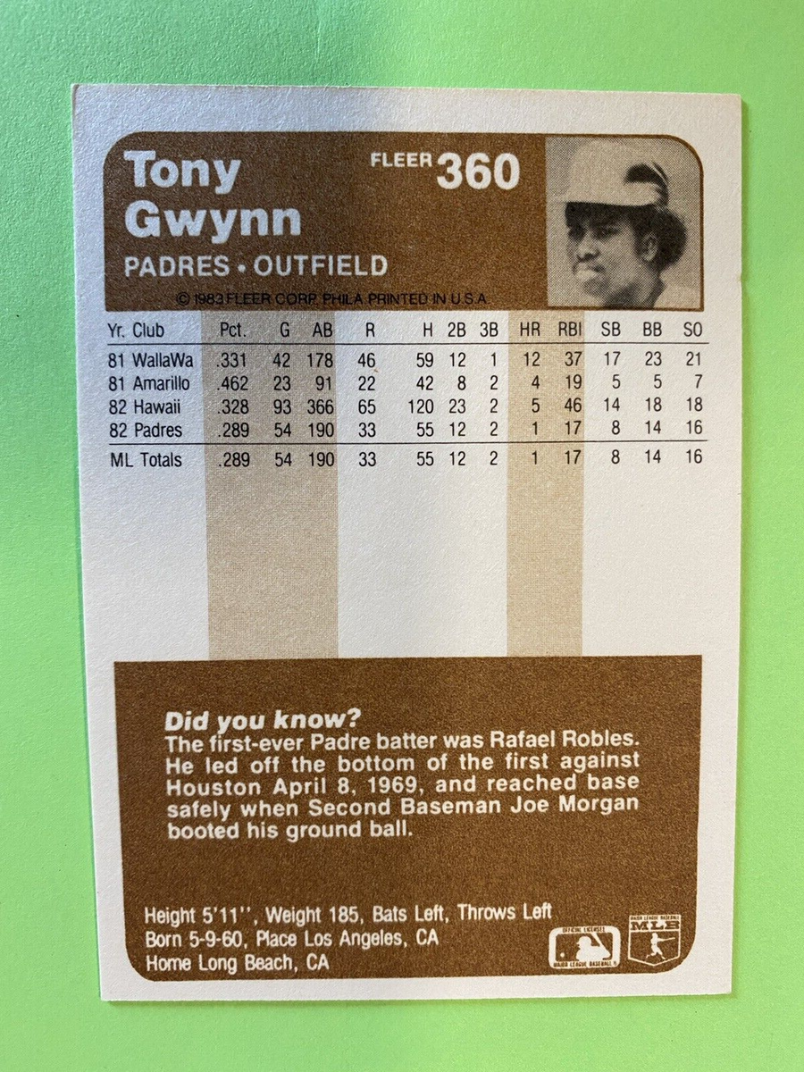 1983 Fleer Tony Gwynn #360 Rookie RC Baseball Card Padres 1983 Fleer Tony Gwynn #360 Rookie RC Baseball Card Padres