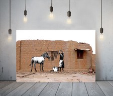 BANKSY ZEBRA STRIPS WASHING LINE - DEEP FRAMED CANVAS WALL ART PRINT- B/W