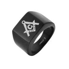 Black Masonic Square Signet Ring Stainless Steel Freemason Wedding Biker Band
