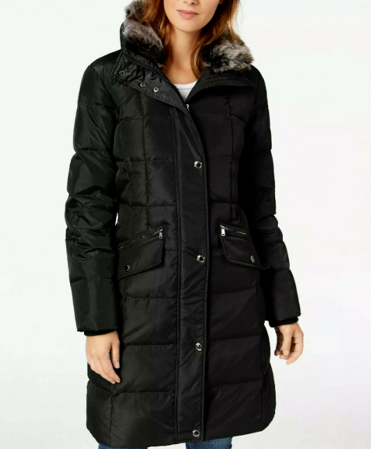 London Fog Women's Puffer Coat in Black Faux Fur Trim Removable Hood Size XL eBay
