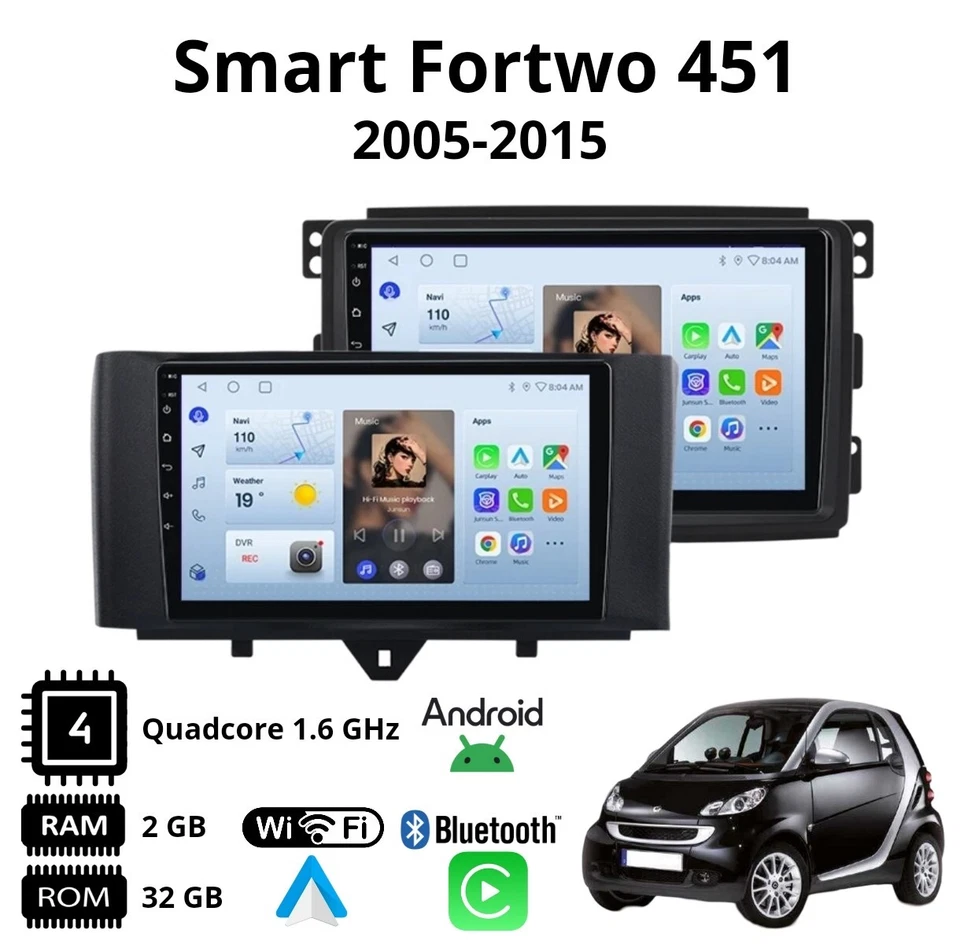 Autoradio Android 9" Smart Fortwo Forfour 451 2005-2015 CarPlay GPS WiFi Bluetoo - Immagine 2 di 4
