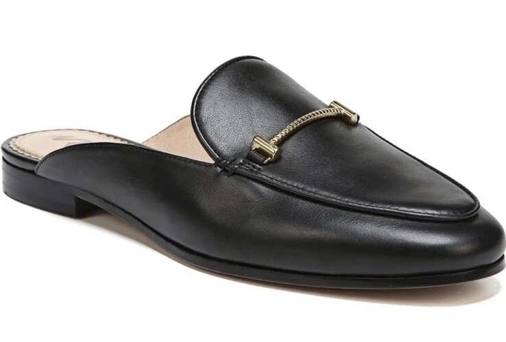 🌺Mocasines Sam Edelman Laurna Mules Planos Cuero Negro Dorado Mordida de Caballo Sin Cordones 7.5