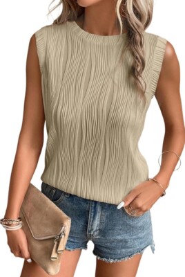 EVALESS Womens TankTop Textured-Light Apricot Crewneck-Solid LooseCasual SZ SM