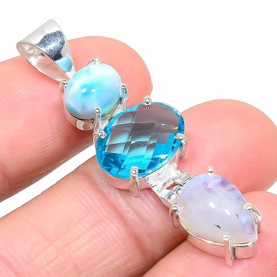 Pendentif Larimar Et Topaze Bleue En Argent Sterling 925 - Bijou Fait Main - Neuf