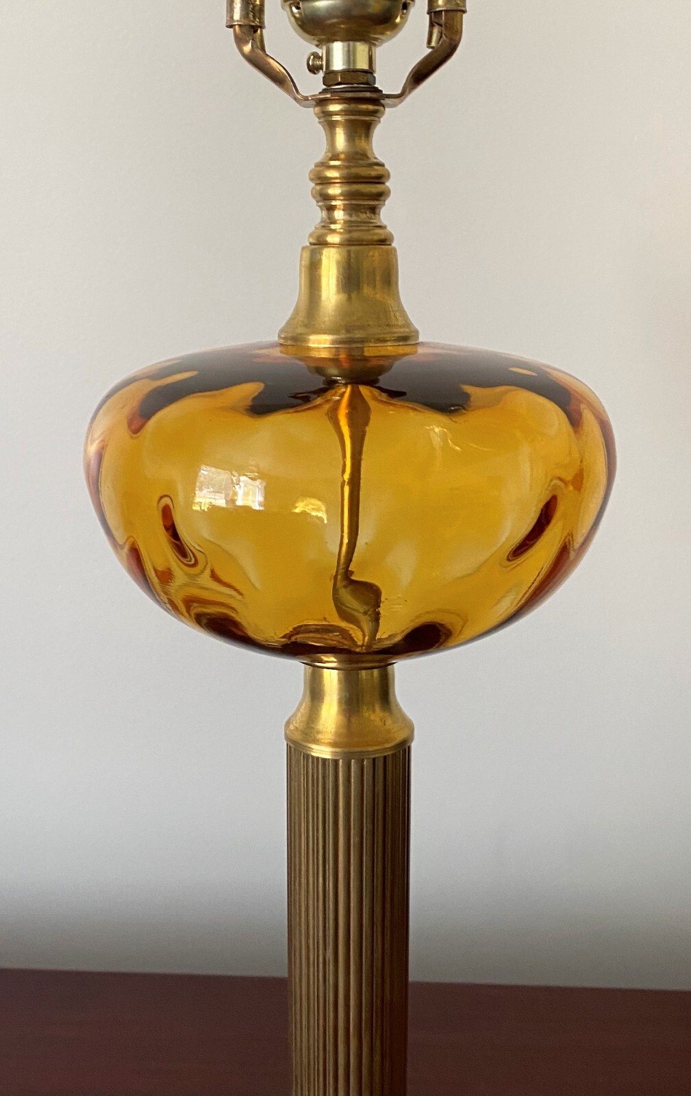 Antique Amber Glass Lamp Marble Stepped Base Solid Brass Column C. 1920