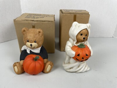 Vintage 6'' Bear Ghost Holding Pumpkin Ceramic Figures Made In Taiwan