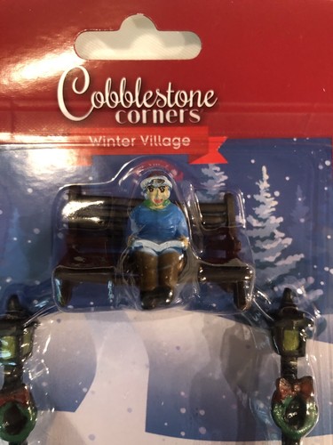 Christmas Cobblestone Corners Village Miniatures 3 pieces: Boy On Bench, 2 Lamps - Picture 2 of 2