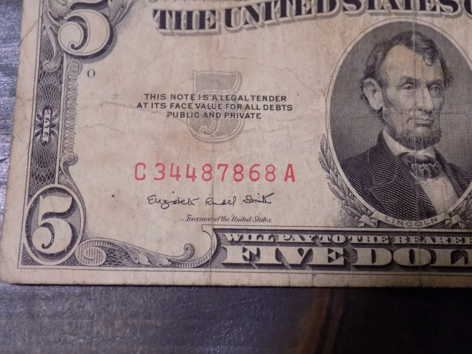 1953 B Series Red Seal United States Note 5 Dollar Bill - Image 2 of 4