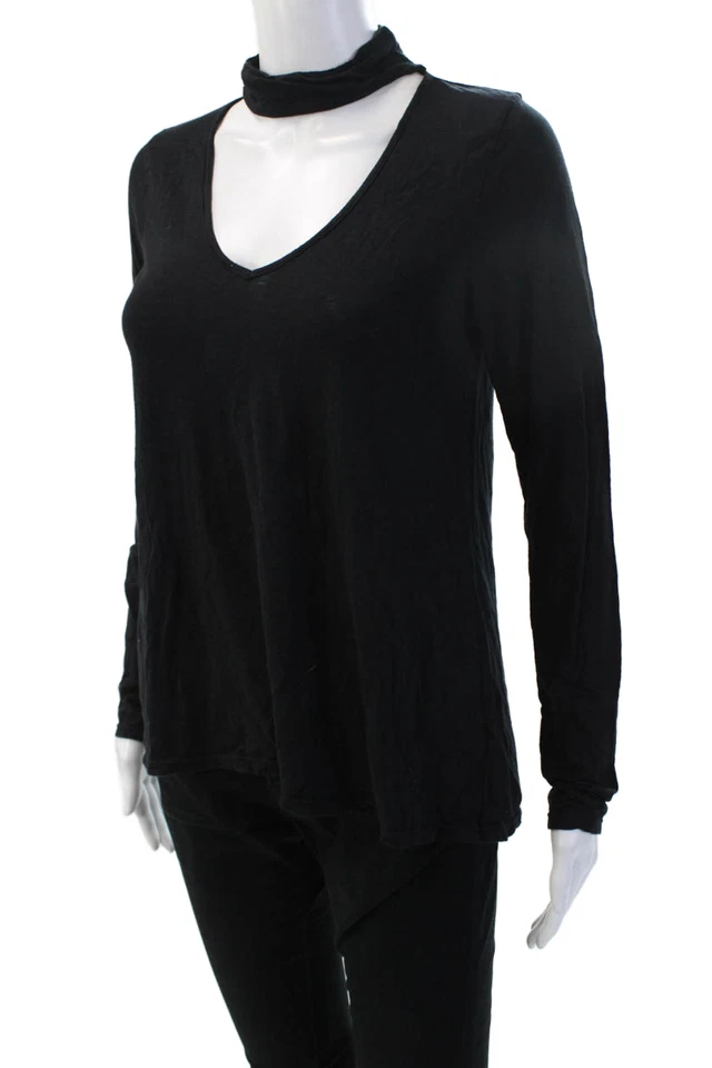 Camiseta básica de terciopelo para mujer negra con cuello en V manga larga talla S Foto 2 de 4