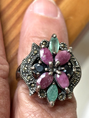 Vintage Sterling Silver Marcasite  Emerald Sapphire Ruby Statement Ring  9.4g