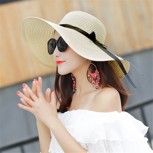 Floppy Foldable Ladies Women Straw Beach Sun Hat Summer Travel Wide Brim Cap - Picture 10 of 25
