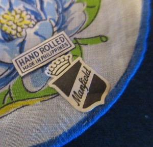 Vtg Hanky Manfield Blue Lotus Water Lily with 2 Stickers Phillipines scalloped
