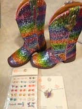 Roper Girls Western Cowboy Boots Rainbow Glitter Striped Mid-Calf Pull-On 9