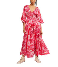 NEW, Free People Printed Dixie V Neck 3/4 Sleeve Maxi Dress Size XS MD602
