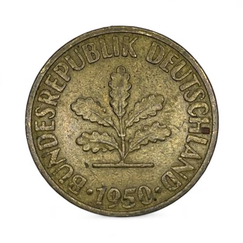 1950 D Repubblica federale di Germania moneta in acciaio rivestita in ottone 10 pfennig piantine rovere - Foto 1 di 2