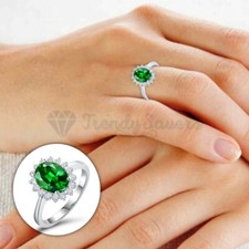 Genuine Sterling Silver Filled Oval Emerald Gem Bridal Engagement Ring Size 5-10