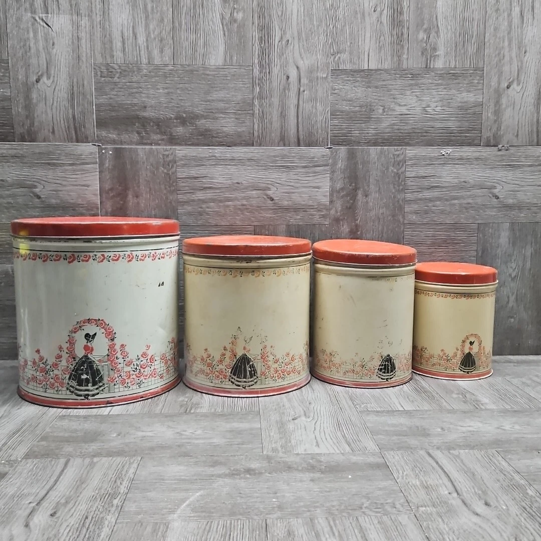 195O's Set of 4 Tin Litho Victorian Bonnet Lady Red Rose Garden Cannisters