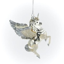 White Glitter Sequins UNICORN PEGASUS Flying Winged HORSE Glass Resin ORNAMENT