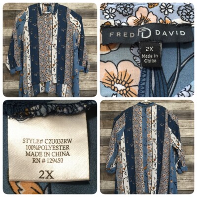 Fred David Floral Tunic Blouse Women s 2X Button Front Polyester (C1)